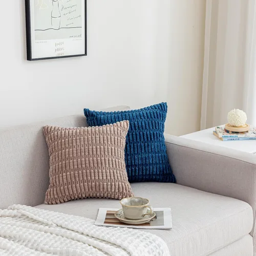 Vista 4 de Paquete de 2 fundas de almohada decorativas azules de 18 x 18 pulgadas, fundas de cojín de pana bohemia a rayas, decoración moderna de casa de campo