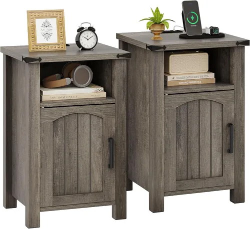Mesa de noche estilo granja con estación de carga, juego de 2 mesas auxiliares con puertos USB/Tipo C y tomas de corriente, mesita de noche rústica