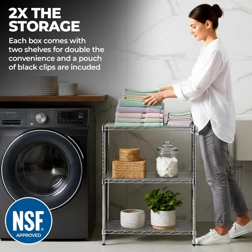 Vista 4 de Estante de alambre cromado resistente aprobado por NSF para cocinas, cuartos de servicio, almacenamiento, oficinas y hogar