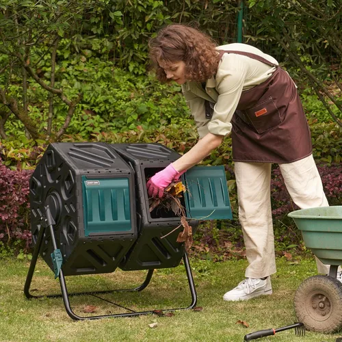 East Oak Compostador Giratorio de Doble Cámara para Exteriores, 2×Contenedores de Compost de 18.5 Galones, Compostador Rotativo con Sistema de