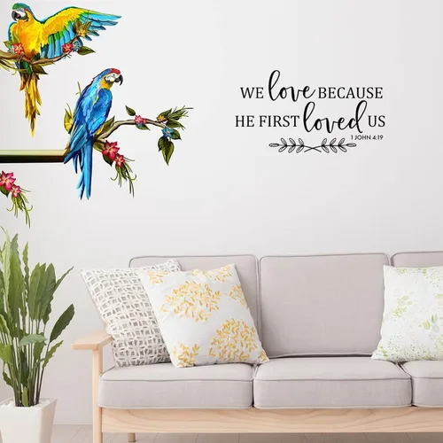 Vista 2 de Calcomanías de vinilo para pared, con texto en inglés «We Love Because He First Loved Us», calcomanías de pared motivacionales con frases