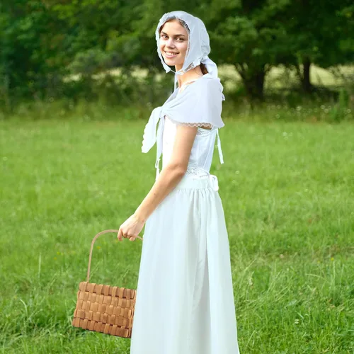 Vista 5 de Panitay 4 accesorios de disfraz colonial, gorra blanca de la mafia, delantal de mujer de la pradera, chal de encaje, cesta de pícnic para mujeres