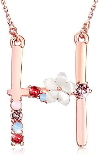 Collar Gemmance de flor, con inicial, de amatista, rosa, rubí rojo, ópalo azul, perla sintética, con nombre, de joyería, hecha con cristales de