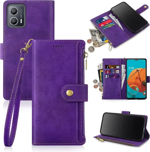 Vista 11 de Antsturdy Funda para Moto G 5G 2023 de piel sintética azul con tarjetero, bloqueo RFID, a prueba de golpes, bolsillo con cremallera, soporte, cierre