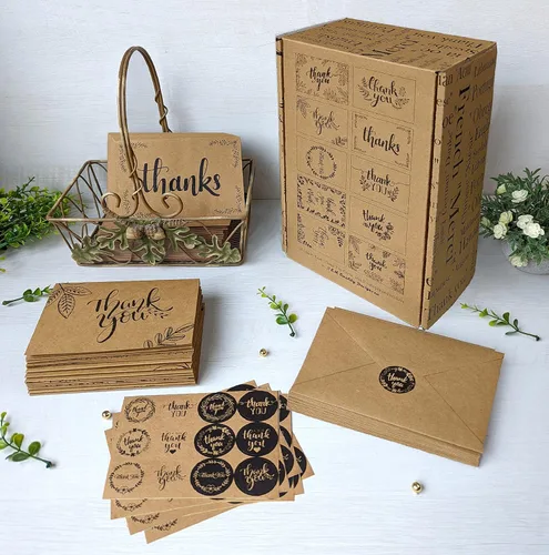 Vista 5 de 150 tarjetas de agradecimiento con sobres y calcomanías de papel kraft marrón a juego, 10 diseños elegantes de papel kraft a granel, notas en blanco