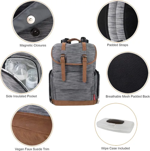 Vista 2 de Fisher-Price Mochila para pañales con cordón y bolsillo para toallitas, compartimento aislado para botellas, correas para cochecito, Gris, Moderno
