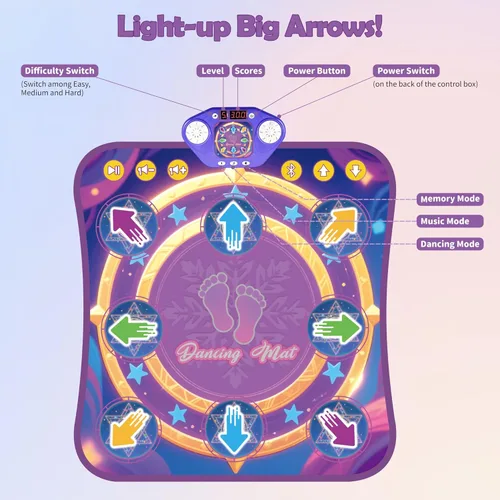 Vista 8 de Alfombrillas de baile para niñas de 4 a 8 años, alfombrillas de baile electrónicas con luz LED y Bluetooth inalámbrico, tapete de baile para niñas