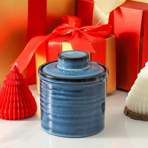 Vista 3 de HASENSE Vajilla de mantequilla de cerámica con tapa, plato de mantequilla para encimera con línea de agua, contenedor francés de mantequilla