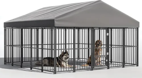 Vista 7 de Perrera grande para perros exterior de 10 x 10 pies, jaula resistente con puerta de alimentación, corrida de perro al aire libre con techo