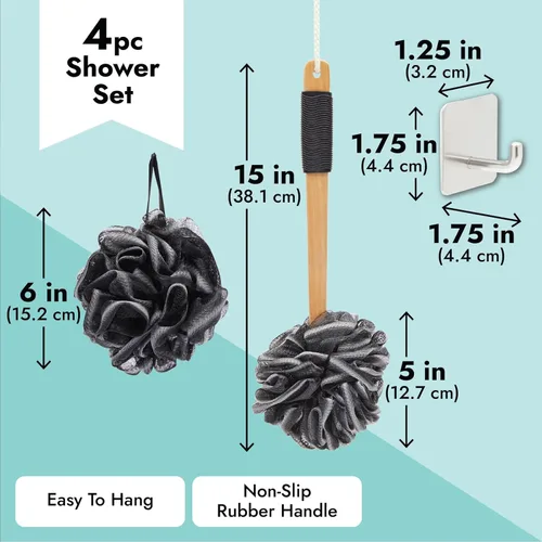 Vista 5 de Juego de baño de lufa con 1 esponja en un palo, 2 pufs de esponja y 1 gancho de ducha