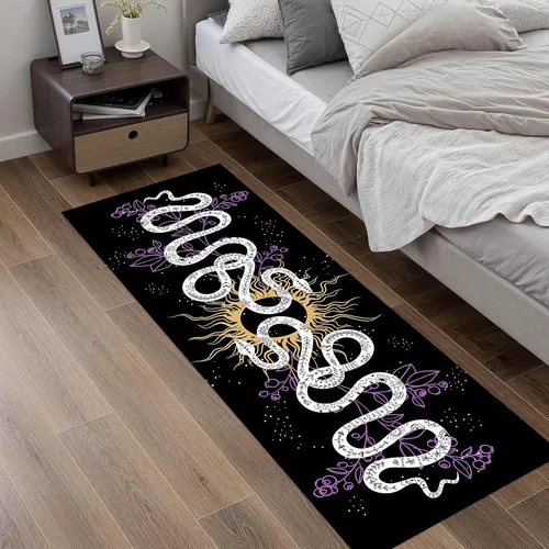 Vista 3 de Alfombra de pasillo de serpiente, 1.3 x 7 pies, diseño gótico, sol, estrellado, morado, floral, blanco y negro, alfombra bohemia, suave, resistente