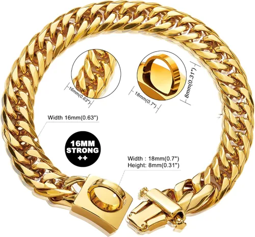 Vista 7 de Collar de perro con cadena de oro de 0.630 in, collar de perro de eslabones cubanos de oro de 18 quilates con hebilla de cierre seguro, cadena