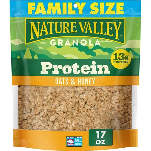 Nature Valley Granola proteica, granola de avena y miel, bolsa resellable para aperitivos, tamaño familiar, 17 onzas