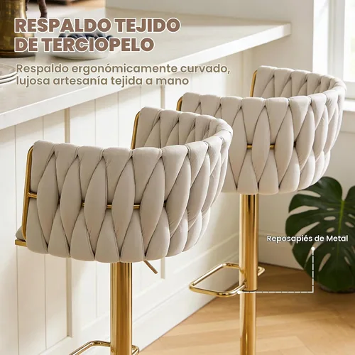 Vista 6 de Taburetes de bar giratorios de altura de mostrador, juego de 2 taburetes de bar modernos de terciopelo, sillas de bar tapizadas con respaldo tejido