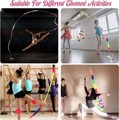 Vista 6 de 2 varitas de cinta para danza de arcoíris para niños, 78.74 pulgadas de cinta rítmica de gimnasia con varilla, cinta de arcoíris suave para danza