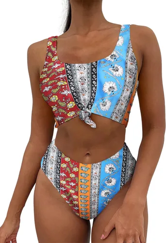 Vista 2 de ZAFUL - Conjunto de tankini con cuello redondo para mujer, diseño anudado y de cintura alta, traje de baño de dos piezas