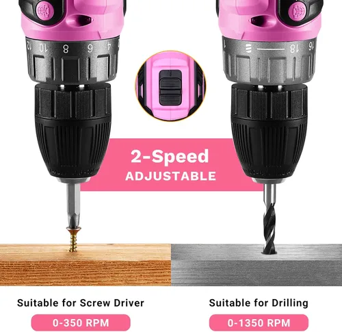 Vista 5 de Deko Pro - Juego de taladro inalámbrico 20 V MAX con batería de litio - Taladro eléctrico con 2 velocidades, 18+1 configuraciones de torque, Rosa