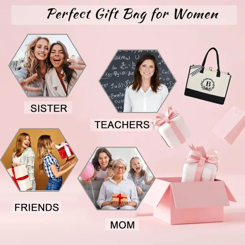 Vista 3 de BeeGreen Bolsa de lona con inicial con bolsillo con cremallera, bordado de 13 onzas, regalo de cumpleaños personalizado para mujeres