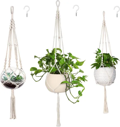 MIPON - Paquete de 3 perchas de macramé para interiores con 3 ganchos, soporte para macetas colgantes para plantas, tamaños de 46"/41"/34", para