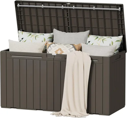 Vista 27 de Caja de resina de cubierta de 40 galones de Flamaker, caja de almacenamiento impermeable para interiores y exteriores, imitación de madera