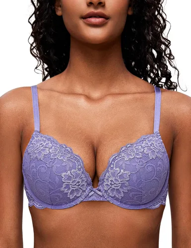 Vista 18 de Deyllo - Brasier de encaje para mujer con efecto de realce de busto, cómodo, con relleno, aros, levanta y añade una copa a tu busto Ámbar dorado