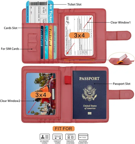 Vista 2 de Deziliao Combo de tarjetero para pasaporte y vacuna, soporte para pasaporte de piel sintética con ranura para tarjeta de vacuna, cartera