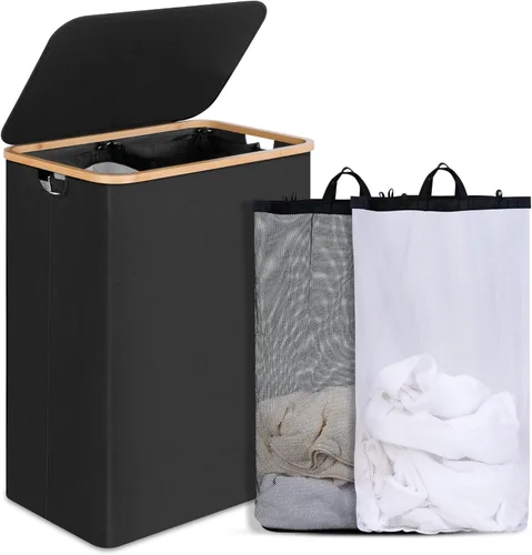 Vista 17 de efluky Cesta de lavandería delgada con tapa, cesta estrecha para la ropa sucia con bolsa extraíble, cesta de ropa sucia delgada con asas de bambú