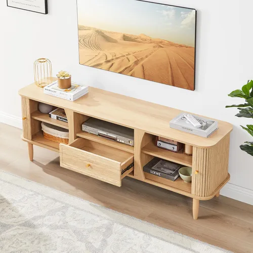 Vista 12 de Soporte de TV, mesa consola multimedia con puerta corredera y compartimento de almacenamiento, centro de entretenimiento moderno con almacenamiento
