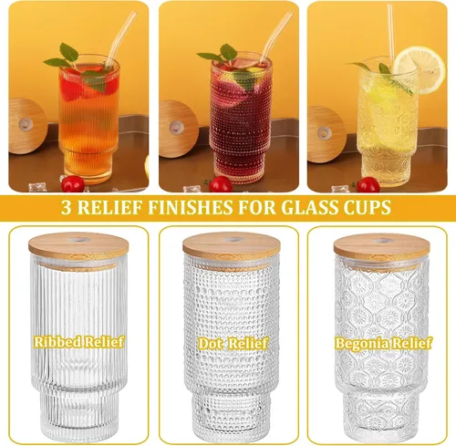 Vista 2 de Juego de vasos de vidrio con tapa de pajita/bambú, vasos apilables de 12 onzas, ideal para whisky, cócteles, jugo, café, cerveza, apto