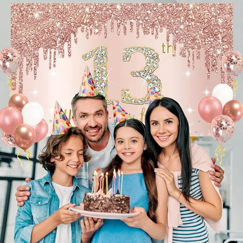 Vista 5 de Cartel de feliz cumpleaños 13 con arco de guirnalda de globos de confeti, juego de globos de oro rosa para niñas, póster de cumpleaños rosa de 13