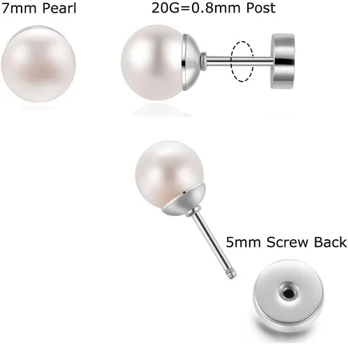 Vista 2 de Aretes de perlas de tuerca Renkovte para mujer, aretes planos de perlas con cierre de tuerca para hélice de cartílago, aretes de cartílago, joyería
