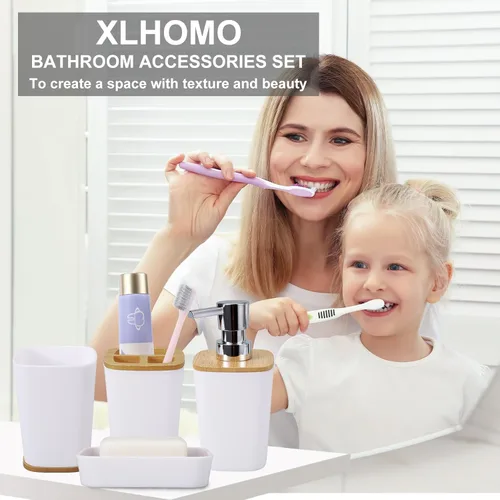 Vista 5 de Juego de 9 accesorios de baño, color blanco, hueco, cubo de basura, soporte y recipiente de cepillos de dientes, dispensador de jabón, bandeja