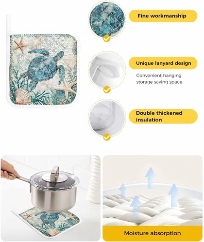 Vista 2 de Juego de 5 soportes para ollas con bucles para colgar, juego de soporte para ollas de tortuga marina de algodón, resistente al calor, almohadillas