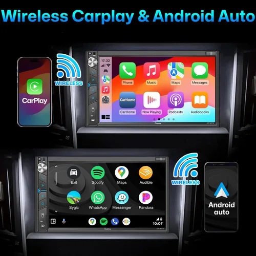 Vista 2 de Estéreo de auto doble DIN con cámara de salpicadero, control de voz Carplay, Android Auto, controles del volante, pantalla táctil HD de 7 pulgadas