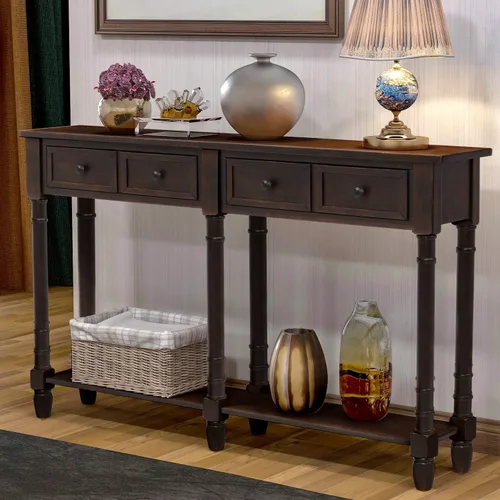 Mesa consola, mesa de sofá con 2 cajones de almacenamiento y estante inferior para sala de estar, entrada, fácil montaje (expreso)