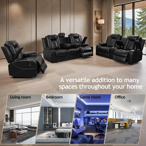 Vista 8 de Juego de sillón reclinable eléctrico + sofá biplaza + sofá, juego de sofá reclinable eléctrico con iluminación LED, cuero transpirable, cubos