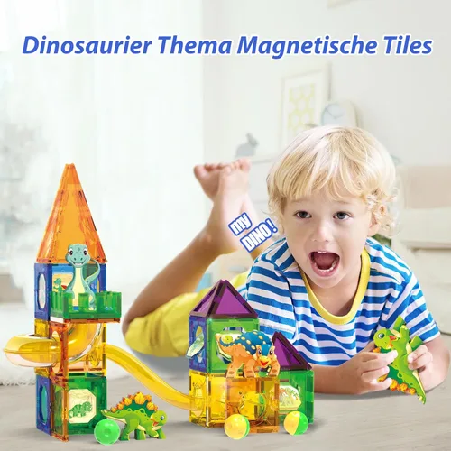 Vista 2 de Doloowee Juego de bloques magnéticos de dinosaurio, bloques de construcción de imanes de bricolaje para niños, 60 piezas de azulejos magnéticos