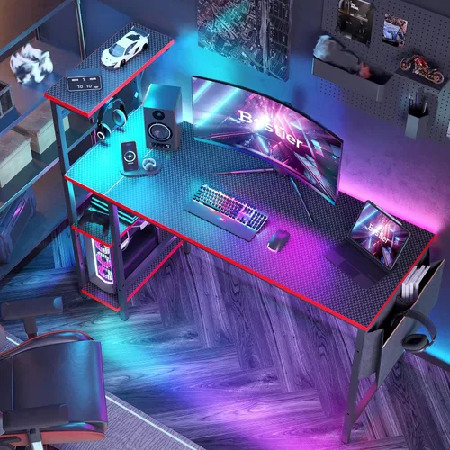 Vista 3 de Bestier Gaming Desk with LED Lights, 51.3 Inch Computer Desk with 4 Tiers Reversible Shelves, Gamer Desk with Side Storage Bag, Hooks and Height