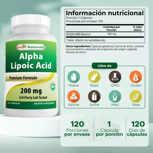 Vista 2 de Best Naturals Ácido Alfa Lipoico 200 Mg 120 Cápsulas