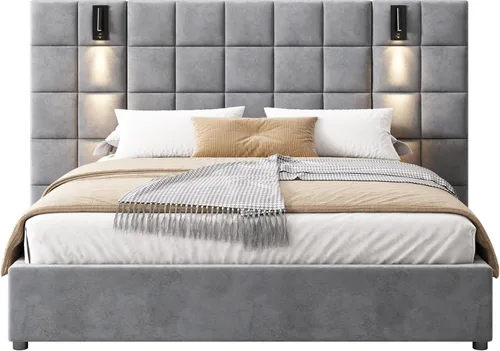 Vista 3 de Base de cama tamaño King con cabecero de 46 pulgadas de alto, plataforma tapizada de terciopelo, cabecera de tela suave copetuda, lámparas