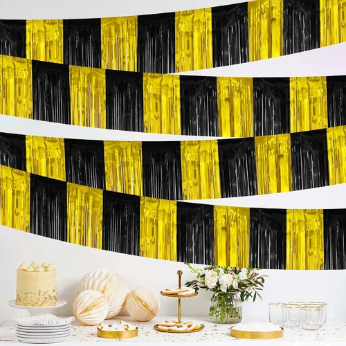 Paquete de 4 guirnaldas de flecos de papel de aluminio de 10 pies para remolque, cortina de oropel de oro negro y dorado, serpentinas para