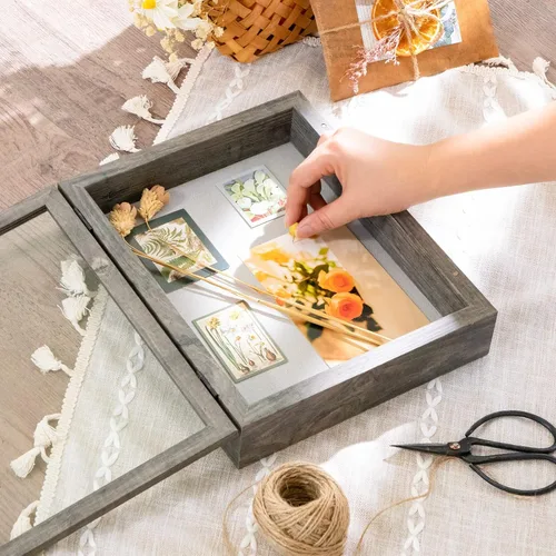 Vista 5 de Paquete de 2 marcos de caja de sombra de 8 x 10 pulgadas con parte trasera de lino, vitrina rústica resistente de memoria de flores, imágenes, Gris