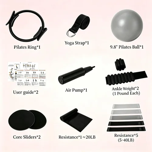 Vista 7 de Kit de Equipo de Pilates para Ejercicio en Casa, Juego de Anillo y Bola de Pilates, Kit de Accesorios Esenciales de Pilates para Mujeres