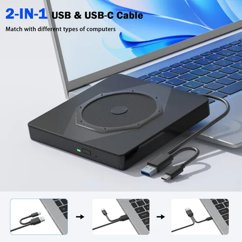 Vista 2 de Wbacon Unidad externa de CD/DVD para laptop, USB 3.0 y tipo C grabadora de CD DVD portátil, CD ROM +/-RW, unidad externa de CD de DVD, reproductor