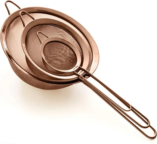 Juego de coladores de malla fina - Acero inoxidable 304 premium (18/8) - Coladores de cocina resistentes de 8, 5.5 y 3.3 pulgadas (cobre)