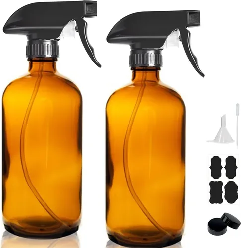 Botellas de spray de vidrio ámbar de 16 onzas, paquete de 2 botellas vacías recargables para limpieza, cuidado del cabello, plantas, boquilla