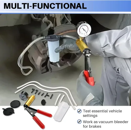 Vista 5 de DASBET Set de prueba de bomba de vacío de mano, kit de purgador de frenos y vacuómetro para automóviles