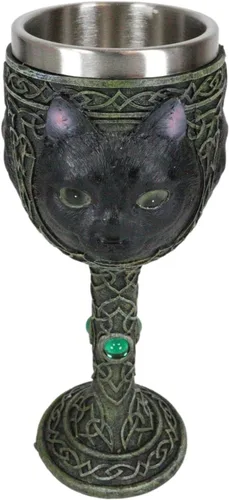 Vista 4 de Ebros Wicca Mystical Witching Hour Black Cat Wine Goblet 7oz Feline Cats Celtic Wine Knotwork Bebida Cáliz Copa con gemas verdes