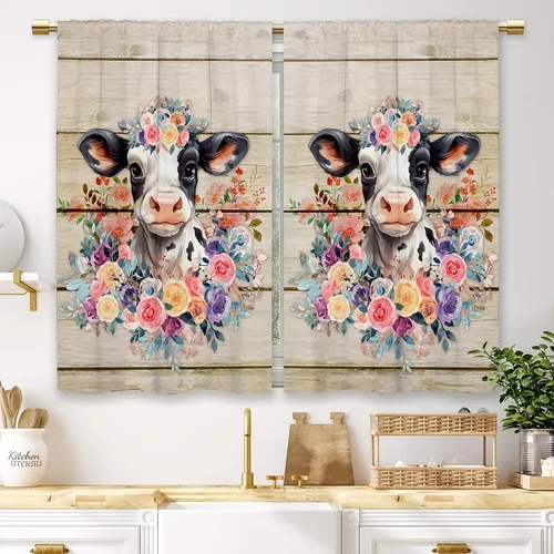Vista 13 de Cortinas de cocina de granja de Laifzere, hojas rústicas verdes de eucalipto, cortinas cortas pequeñas para cafetería, cortinas de ventana de planta