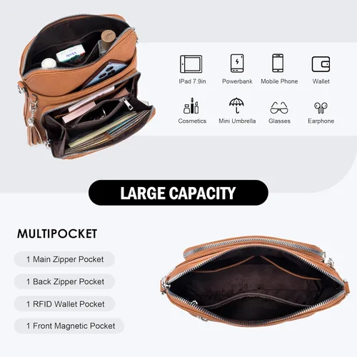 Vista 4 de Bolso cruzado para mujer, ligero, mediano, de cuero suave, bolso de hombro con borla